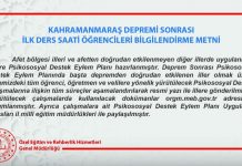 Kahramanmaraş Depremi Sonrası İlk Ders Saati Öğrencileri Bilgilendirme Metni