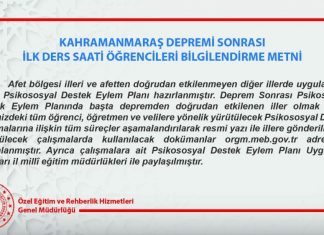 Kahramanmaraş Depremi Sonrası İlk Ders Saati Öğrencileri Bilgilendirme Metni